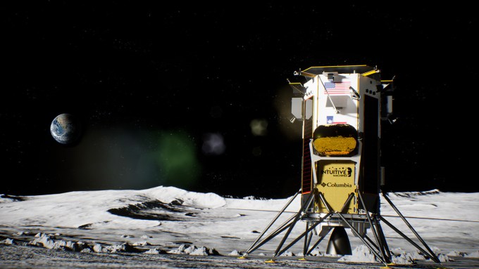 Illustration of a spacecraft on the moon's surface with Earthrise in the background.