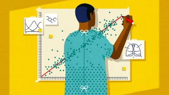 Digital art of someone in a hospital gown standing at a line graph full of data points with other images such as lungs, chemical makeup and bell curves around the person.