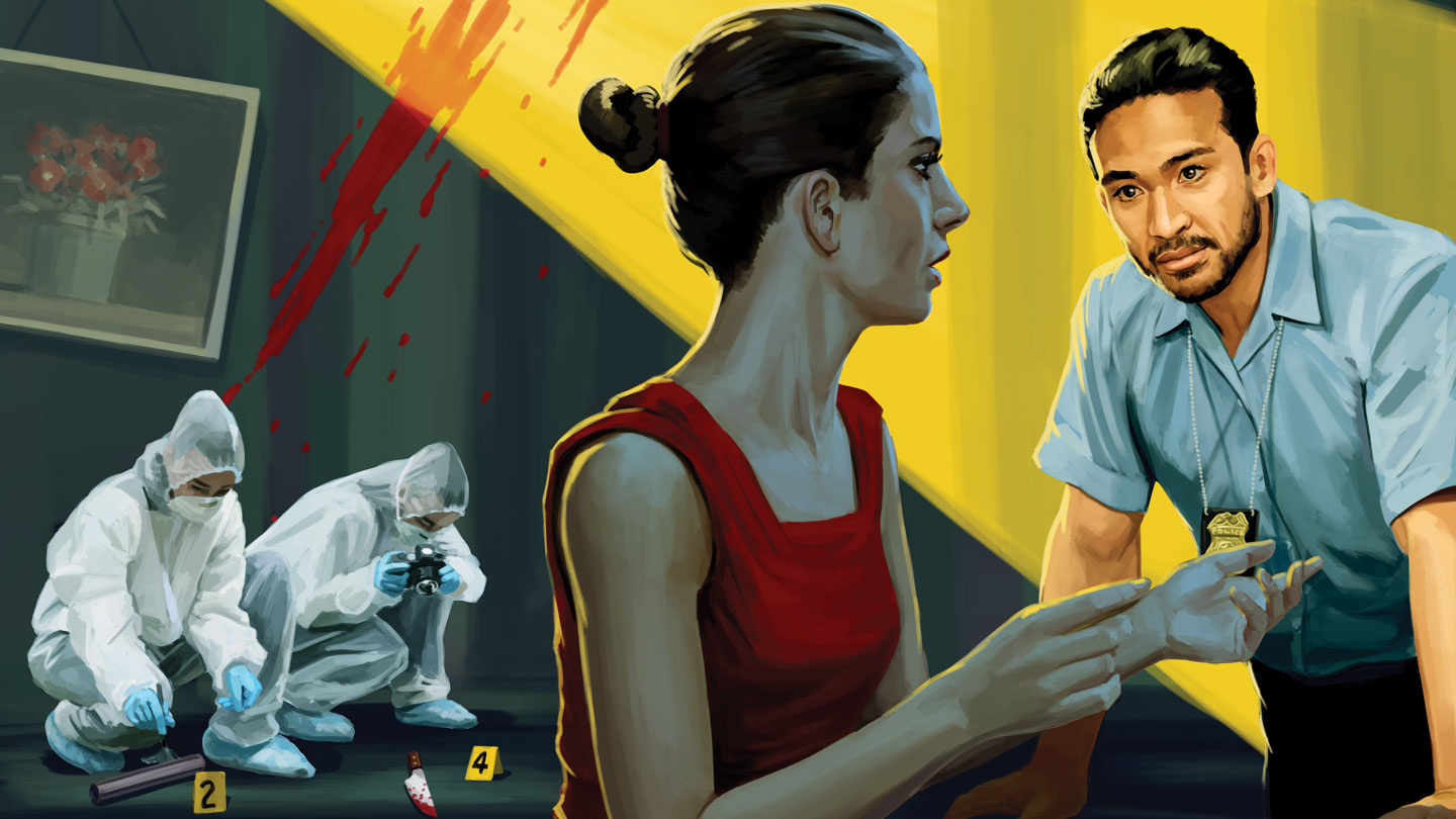 Art of a police officer questioning a woman in a red dress. In the back, there are two crime scene technicians analyzing evidence. A splash of blood appears behind the woman.