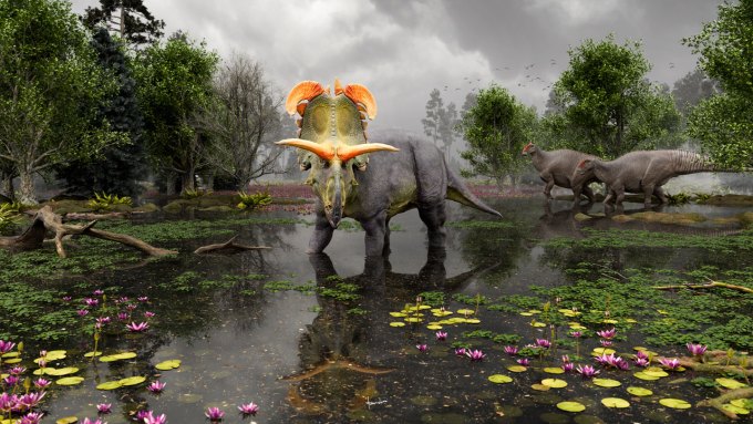 An artist's illustration of Lokiceratops walking in an ancient swamp.