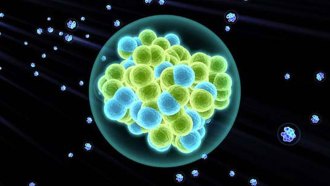 illustration of blue and green atoms inside the superheavy element tennessine