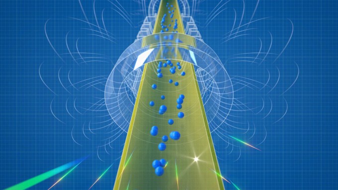 An illustration of antimatter falling under the influence of gravity.